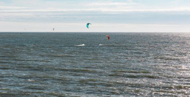 Kuzey Denizi 'nde uçan uçurtma. Scheveningen, Lahey, Hollanda plajlarında ekstrem spor. 