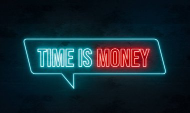 Vakit nakittir. Koyu beton bir duvarda mavi ve kırmızı ışıklı neon tabela. Para, yatırım, iş, tasarruf, yatırımdan kazanç, kazanç