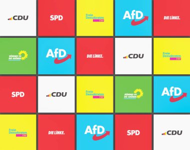 Yeşiller partisi Almanya. Politika, parti, kampanya rozetleri, üst üste düğmeler. Demokrat parti, Alman hükümeti. Sadece 3B illüstrasyon / editoryal kullanım.