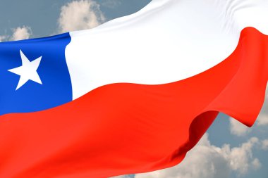 Şili bayrağını yakın çekiyoruz. Arka planda bulutlar olan mavi gökyüzü. Seyahat, turizm, seyahat, ülke, tur, tatil, tatil, varış, tatil. 3B illüstrasyon