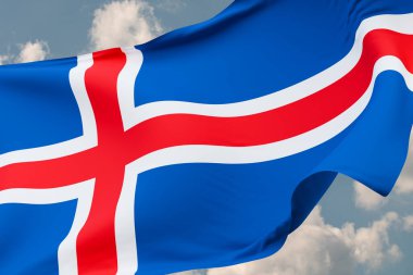 İzlanda bayrağını yakın çekiyoruz. Arka planda bulutlar olan mavi gökyüzü. Seyahat, turizm, seyahat, ülke, tur, tatil, tatil, varış, tatil. 3B illüstrasyon