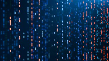 Yüzen ikili kod, büyük veri, bit ve bayt, soyut dijital veri. Bilgisayar dili, teknoloji, algoritma, ikili, dijital varlıklar, sistem, sırayla, transfer, işleme. 3 Boyutlu Canlandırma