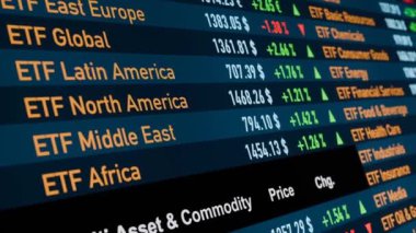 ETF (Borsa Ticaret Fonları) yatırım fırsatları. Bölge ETF, emtia ETF, tahvil verimi ETF, çok değerli ETF. Bankacılık, tasarruf, borsa ve döviz, büyüme, strateji. 3 Boyutlu Canlandırma