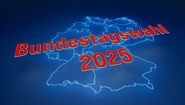 Bundestagswahl 2025 (Almanya federal seçimleri). Mavi ışıklı sınırlı Alman haritası. Politika ve hükümet, karar, seçim, demokrasi, Avrupa, oy, ülke. 3B illüstrasyon