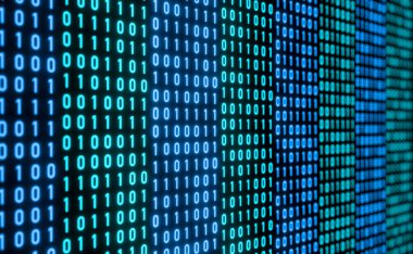 İkili kod, dijital sistem, bilgisayar dili. Yazılım, sistem yapılandırması, bit und byte, teknoloji, cihaz ekranı, sanal gerçeklik, siber uzay. 3B illüstrasyon