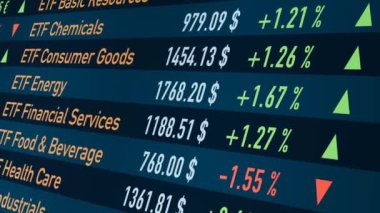 ETF - Ticaret Fonları, yatırım aracı. ETF ile farklı temalar için ekran değişimi. Borsa ve borsa, büyüme, mali danışman. 3 Boyutlu Canlandırma