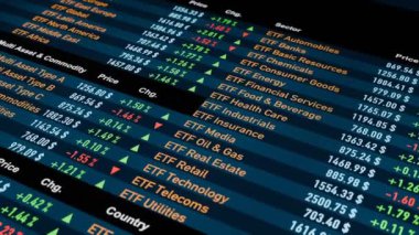 ETF - Ticaret Fonları, yatırım aracı. ETF ile farklı temalar için ekran değişimi. Finansal piyasalar, büyüme, finansal danışman. 3 Boyutlu Canlandırma