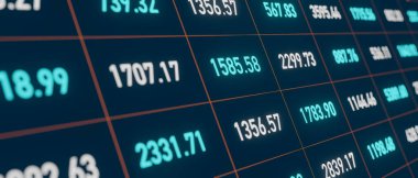 Finansal rapor, hesap tablosundaki piyasa verileri. İş, rakamlar mavi ve beyaz. Hesaplama, piyasa araştırması, mali rapor, analiz. 3B illüstrasyon