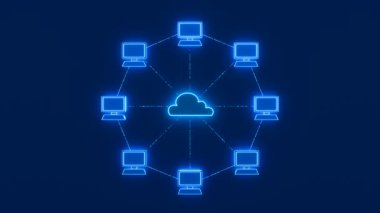 Masaüstü bilgisayarlı bir bulut ağı. Sistem yapılandırması, bilişim güvenliği, bulut hesaplaması, veri transferi, dijital bağlantılar.