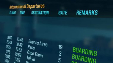 Uçuş iptal, varış panosu, uçuş masası. Havaalanı zaman tablosu, uçuş tahtası, tüm uçuşlar iptal edildi. Seyahat yeri, tatil, iş, ulaşım. 3 Boyutlu Canlandırma