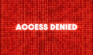 Giriş reddedildi, uyarı işareti. Bilgisayar suçları, hackleme, ikili kod, problemler, ağ güvenliği, sunucu saldırısı, tetikte olma, veri.