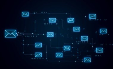 E-posta iletişimi, e-postalar bağlandı ve veri transferi. İş, e-posta pazarlama, sosyal medya, bilgisayar ağı, posta sunucusu. 3B illüstrasyon