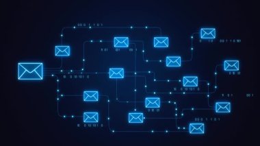 E-posta iletişimi, posta sunucusu, veri alışverişi. İş e-postası transferi, bit ve byte, veri. 3 Boyutlu Canlandırma