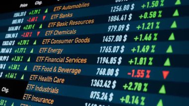 ETF (Borsa Fonları) ticaret tablosu, yatırım fırsatları. Ülke, emtia, tahvil ve endüstri sektörü ETF. Bankacılık, tasarruf, borsa ve döviz, büyüme, strateji. 3 Boyutlu Canlandırma