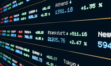 Kalp indeksi bilgisiyle borsa ekranı. Ticaret, yatırım, iş, piyasa araştırması, analiz. 3B illüstrasyon