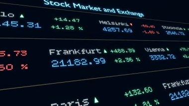 Alıntı ve yüzdelerle dolu bir endeks tahtası, borsa. Pazar araştırması, analiz. İş, ticaret, yatırım. 3 Boyutlu Canlandırma
