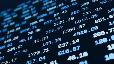Bilet tahtası, mavi sayılar, iş verileri ve istatistikler. Planlama, strateji, ilerleme, piyasa araştırması, büyük veriler, finans, ticaret, borsa. 3 Boyutlu Canlandırma