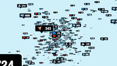 Kalp, beğeni, takipçi, paylaşım, mesaj, e-posta ve yorum olarak sosyal medya simgeleri devam ediyor. İnternet, sosyal medya uygulaması, çevrimiçi faaliyetler.