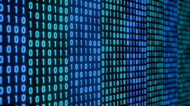 Bilgisayar uyarı işaretini hackledi, kırmızı sinyali olan ikili kod, siber suç. Hasarlı, arızalı, sıfır ve bir, problemler, bit, bayt, hata, sistem hatası. 3 Boyutlu Canlandırma