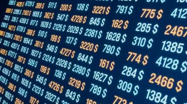 Hesap tablosu ve hareket eden numaraları olan aygıt ekranı. Finansal rakamlar, piyasa araştırmaları, veriler, istatistik, para birimi, iş raporu, planlama. 3 Boyutlu Canlandırma