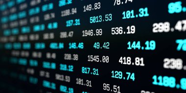 Numaralar, veriler, maviler içinde nişanlın figürleri. İş, bilim, planlama, finans, yatırım. 3B illüstrasyon