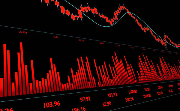 Диаграмма фондового рынка в красном, цифрах и столбчатом графике. Бизнес, торговля, волатильность, риск, инвестиции, финансовый рынок. 3D иллюстрация