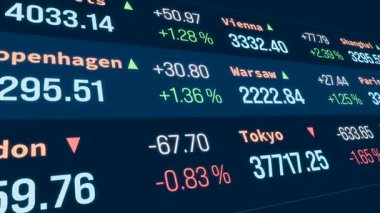 Borsa bilgileri ve verileri. Finans piyasaları bir aşağı bir yukarı hareket ediyor. Yatırım, araştırma, analiz, iş, ticaret, finans piyasaları. Kavram, 3 boyutlu animasyon