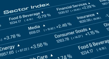 Tüketici malları, sigorta, fiili hizmetler ve medya hisseleri için sektör endeksi verileri. Finansal piyasalar, ticaret, bilgi, veri. 3B illüstrasyon