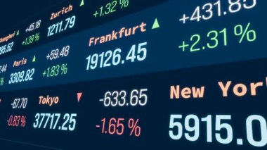 Borsa verileri ve Zürih, Tokyo, Paris, Londra, New York hakkında bilgiler. Finansal piyasalar, yatırım, analiz, ticaret, strateji. Kavram, 3 boyutlu animasyon
