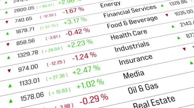 Ticaret kurulu, sektör indeks verileri. Borsa ve borsa, fiyat yükseliyor ve düşüyor. Değişken finans piyasaları, iş, yatırım, piyasa araştırması, bilgi. 3 Boyutlu Canlandırma