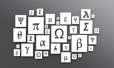 Yunan harfleri, matematiksel semboller. Gri arkaplandaki ölü kesim sembolleri. Omega, alfa, beta gama, delta, epsilon, teta.
