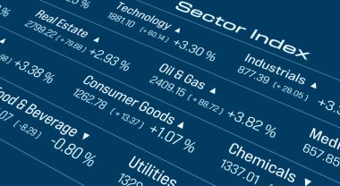 Kimyasallar, petrol ve gaz, teknoloji ve tüketici malları stokları için sektör endeksi verileri. Finansal piyasalar, ticaret, bilgi, piyasa verileri. 3B illüstrasyon