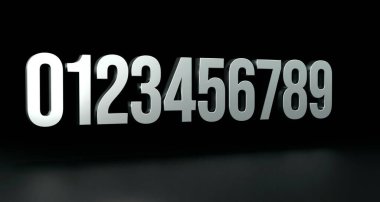 Sıfırdan dokuza gümüş parlak sayılar. Veri, figür, sembol. 3B illüstrasyon