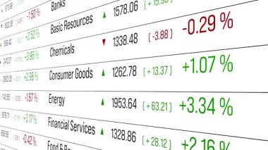 Borsa ve borsa, sektör endeksi verileri, teknoloji, telekomünikasyon, kamu hizmetleri, otomobiller, bankalar. İş, ticaret, finans piyasası, fiyat bilgileri. 3 Boyutlu Canlandırma 