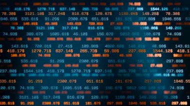 Üzerinde numaralar ve Amerikan Doları işareti olan bir pano. İş verileri, finans, ticaret, mali rapor. 3 Boyutlu Canlandırma
