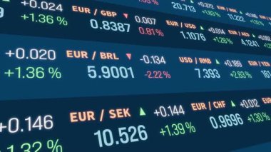 Para birimi ticaret kurulu, Euro, Amerikan doları, Japon yeni, İngiliz sterlini, İsveç kronu, Avustralya doları. İş, döviz kurları, finans piyasaları. 3 Boyutlu Canlandırma