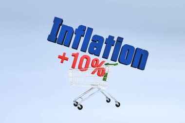 Enflasyon yükseliyor, fiyatlar% 10 artıyor. Üç boyutlu mesajlı alışveriş arabası. Konsept, 3B illüstrasyon