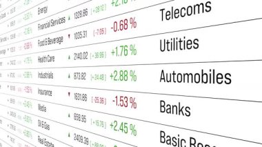 Borsa ve borsa, sektör endeksi verileri, telekomünikasyon, kamu hizmetleri, otomobiller, bankalar. İş, ticaret, finans piyasası, fiyat bilgileri. 3 Boyutlu Canlandırma 