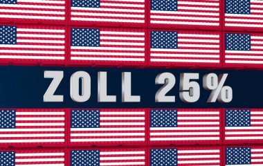 ABD bayrağı, Çin, AB ve diğer ülkelerde% 25 ABD vergisi (Zoll) bulunan istiflenmiş konteynırlar. Ticaretin kısıtlanması, iş sorunları, durgunluk, ticaret, üretim kesintileri. 3B illüstrasyon