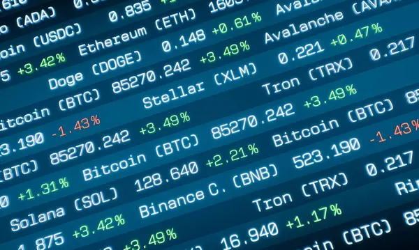 Kripto para birimleri ve fiyat bilgisi, Bitcoin, Ethereum, Ripple, Litecoin ile ticaret yapmak. Engelleme teknolojisi, iş, ticaret. 3 Boyutlu Canlandırma