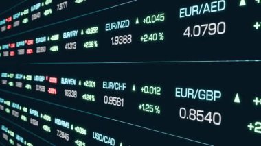 Para kesesi tahtası, döviz kurları ve değişiklikler. Yatırım, ticaret, iş, ekonomi, piyasa araştırması. 3 Boyutlu Canlandırma