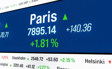 Fransa, Paris 'te yükselen borsa. Fransız hisse fiyatları yükseliyor. Portföy, pozitif dönüş, boğa pazarı, büyüme, ticaret, iş. 3B illüstrasyon