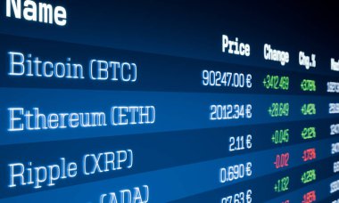 Bitcoin, Ethereum ve Ripple fiyatları yükseliyor, kripto para ticareti ekranını kapatın. Engelleme teknolojisi, iş, yatırım. 3B illüstrasyon