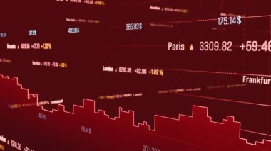 Borsa ve döviz konsepti, soyut pazar verileri, çizelgeler ve fiyatlar kırmızı. Finansal piyasa, iş, yatırım, bankacılık, ticaret, risk, dengesizlik. 3 Boyutlu Canlandırma