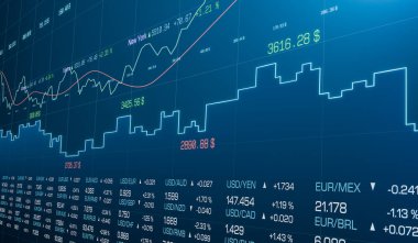 Soyut tablolar, grafikler, çizgiler ve borsa verileri. İş, ticaret, yatırım, büyüme, ilerleme, risk, dalgalanma, şans, fiyat. 3B illüstrasyon