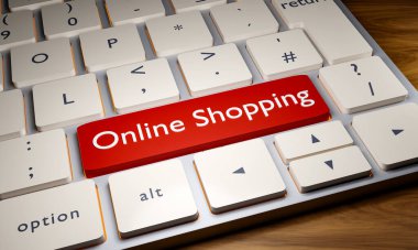 İnternetten alışveriş, üzerinde online alışveriş anahtarı olan klavye. Kapalı bilgisayar klavyesi, bir tuş kırmızı. E-ticaret, çevrimiçi mağaza, internet işi. 3B illüstrasyon