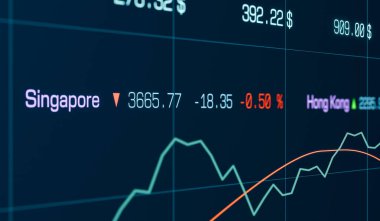 Hisse tablosu, finansal rakamlar ve verilerle yakın çekim ekranı. Borsa, yatırım, iş, ticaret, büyüme, şans, fiyat. 3B illüstrasyon