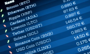 Kripto para ticareti, Bitcoin, Ethereum, Ripple ve daha fazlası için fiyat ve değişiklikleri olan kalp tahtası. Engelleme teknolojisi, iş, yatırım, ticaret. 3B illüstrasyon