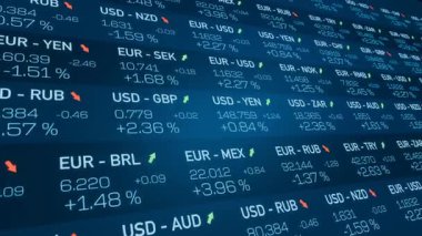Küresel para birimi oranları Avrupa ve ABD dolarına varan para birimi kalpazanı. Ticaret, veri, mutlak değişim ve yüzde, borsa ve takas. 3 Boyutlu Canlandırma