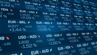 Ticaret ekranı, para kurulu, küresel döviz kurları. Ticaret, veri, mutlak değişim ve yüzde, borsa ve takas. 3B illüstrasyon
